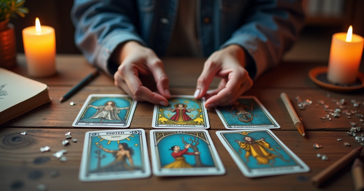 Mãos segurando cartas do tarot coloridas sobre uma mesa de madeira com elementos criativos ao redor como lápis, cadernos e velas acesas