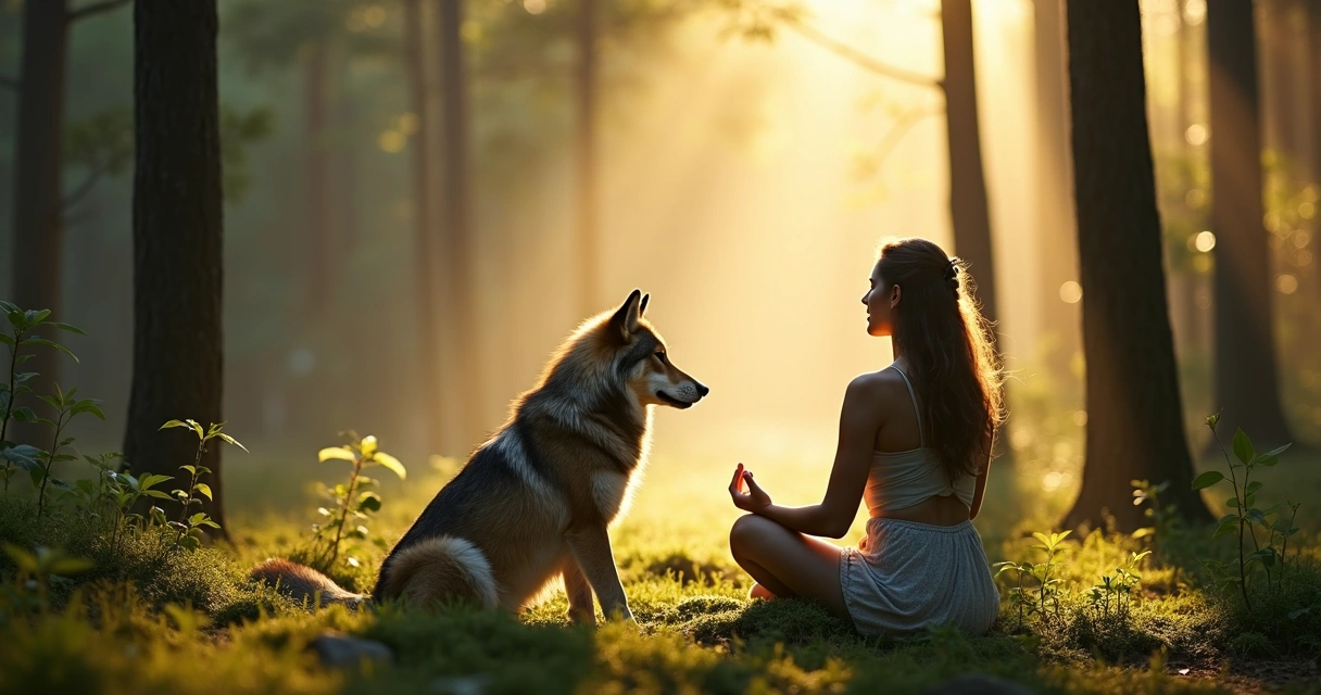 Mulher meditando em um ambiente natural com um lobo ao seu lado, luz suave dourada e árvores ao fundo