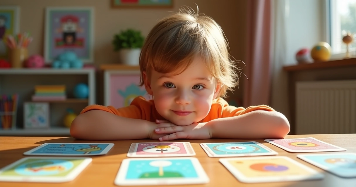 Criança sentada em mesa de madeira brincando com cartas de oráculo coloridas e educativas
