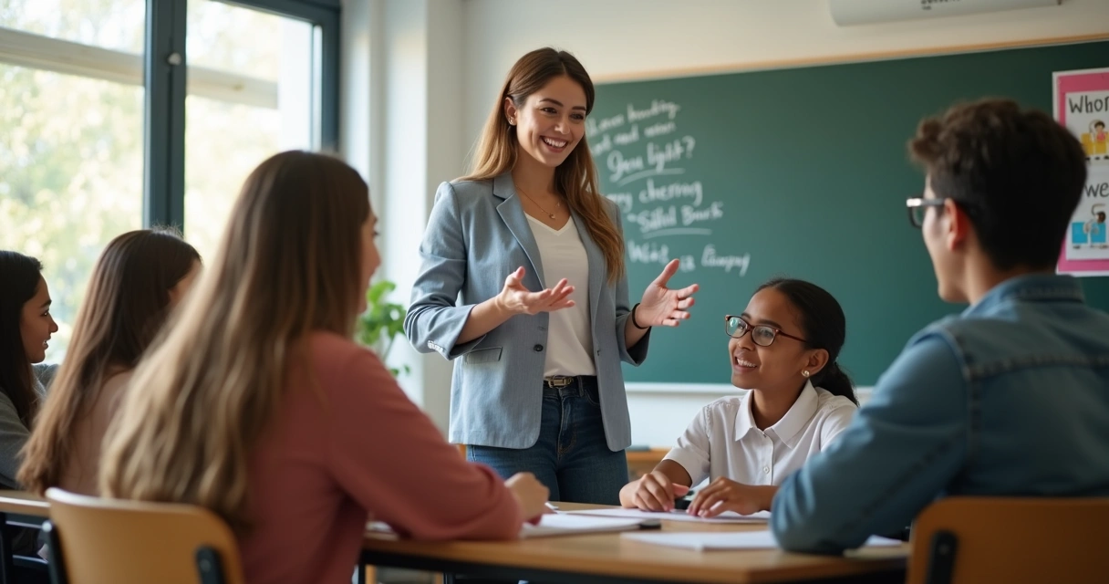 Grupo de estudantes e professora em sala escolar mantendo a calma durante uma discussão