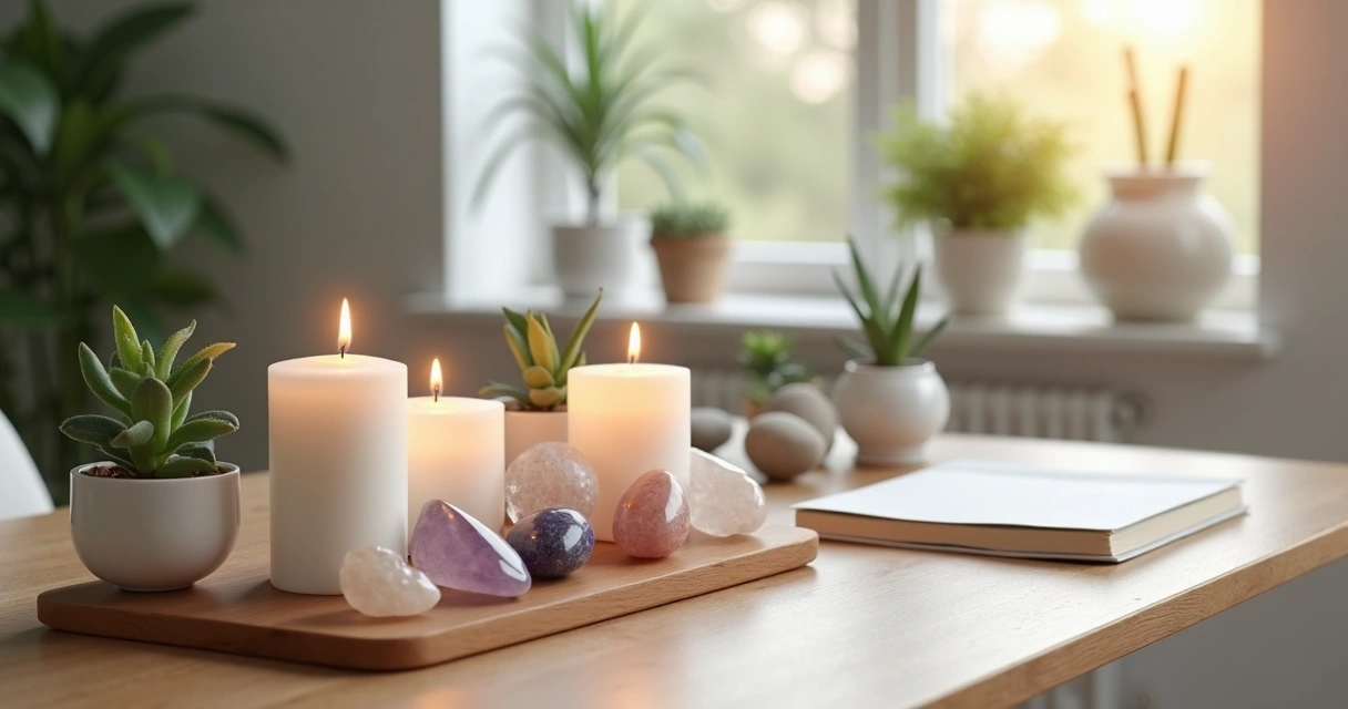 Mesa de trabalho com pedras energéticas, velas acesas, plantas e decoração zen