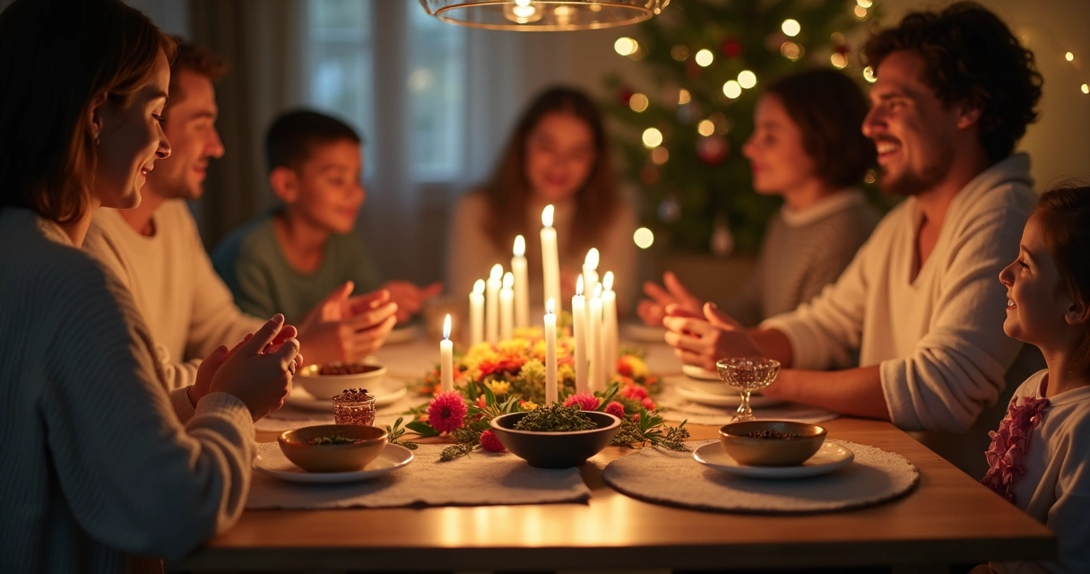 Família reunida em festa iluminada, usando velas e flores em ritual de simpatia para harmonizar relações