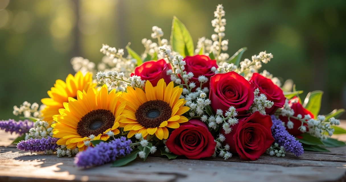 Flores variadas para rituais espalhadas sobre uma superfície de madeira, incluindo rosas vermelhas, girassóis amarelos, jasmim branco e flores de lavanda