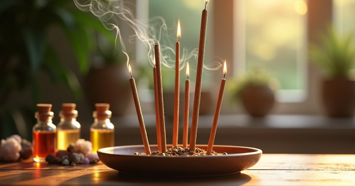 Incensos acesos em suporte decorativo com fumaça suave e diferente aromas em frascos ao fundo