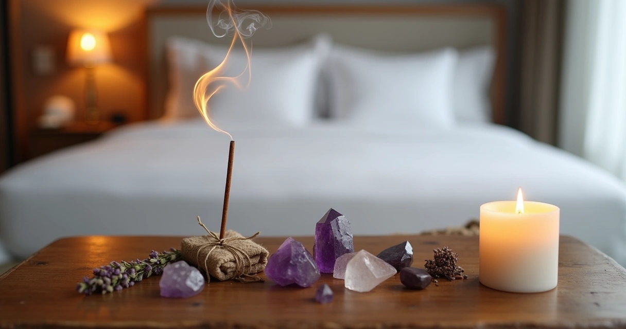 Mesa de hotel com objetos para limpeza energética: incenso aceso, cristais, ervas secas e vela, cenário de quarto iluminado suavemente