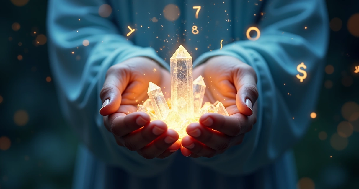 Mãos segurando cristais luminosos com números brilhantes flutuando ao redor em fundo místico azul e dourado