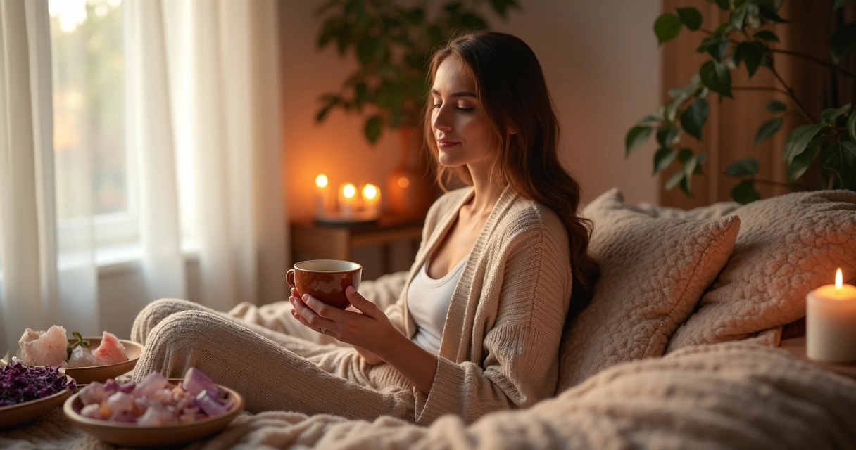 Mulher relaxando com pedras de ametista e banho de ervas em ambiente calmo