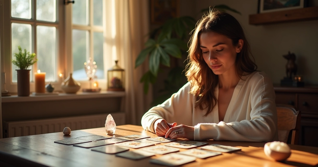 Mulher sentada sozinha fazendo uma leitura de cartas de tarot em ambiente iluminado e acolhedor