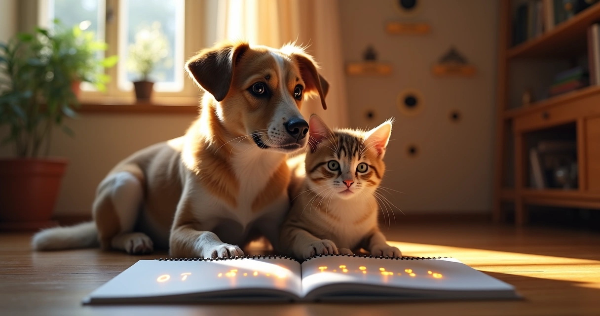 Cachorro e gato próximos a um calendário com números destacados, em ambiente iluminado e tranquilo para adoção