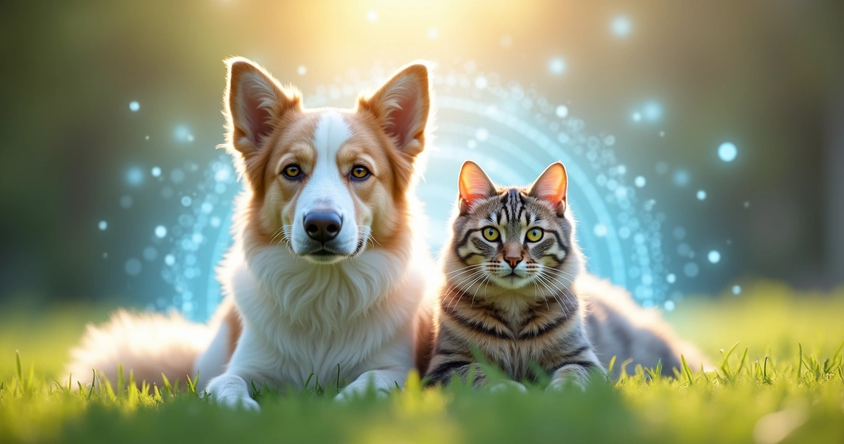 Cachorro e gato juntos com aura brilhante e símbolos de proteção energética ao redor