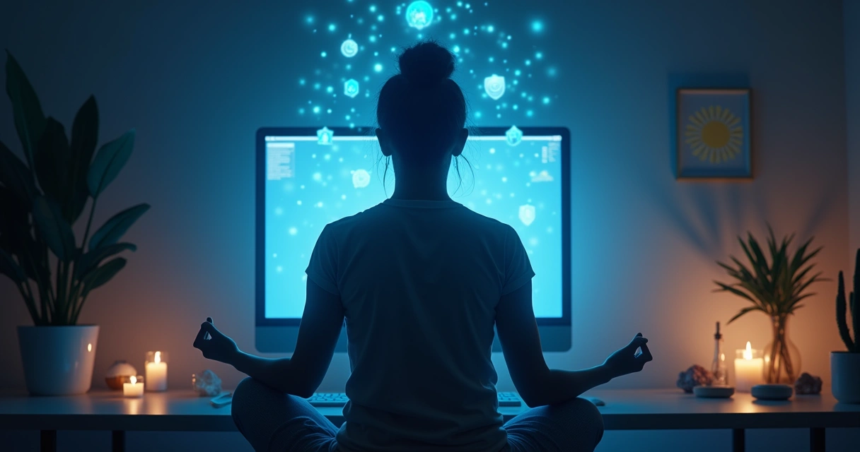 Pessoa meditando diante de tela de computador com aura de luz azul ao redor