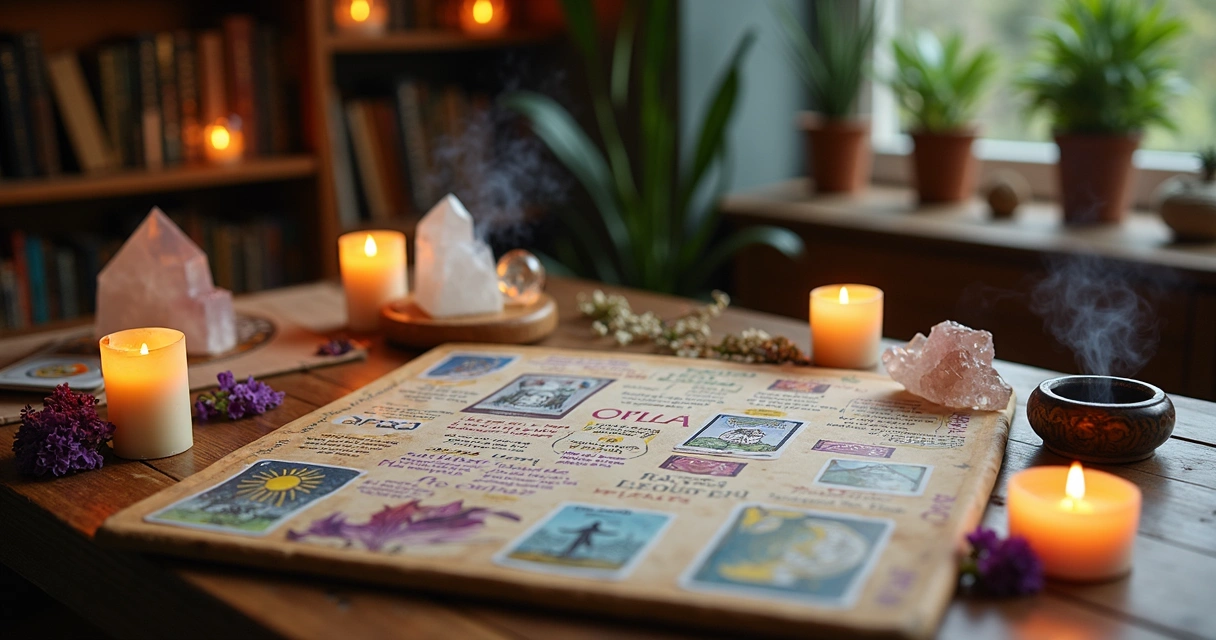 Mesa com quadro dos sonhos esotérico, velas, cristais, cartas de tarot e símbolos espirituais