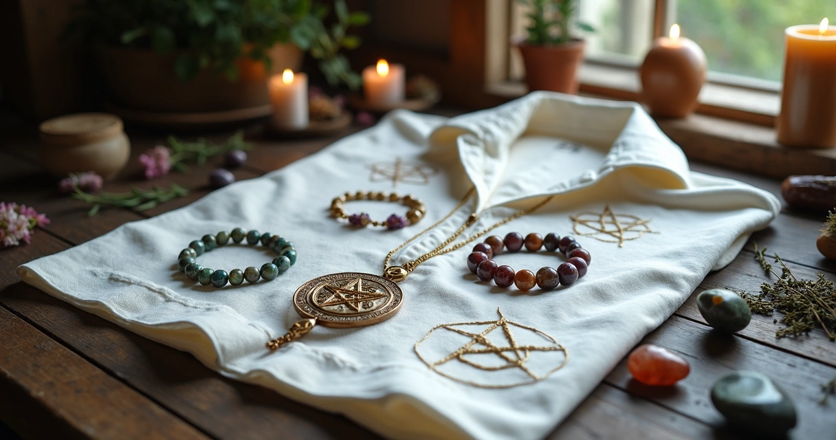 Roupa branca com símbolos esotéricos bordados e acessórios com pedras protetoras sobre uma mesa de madeira escura