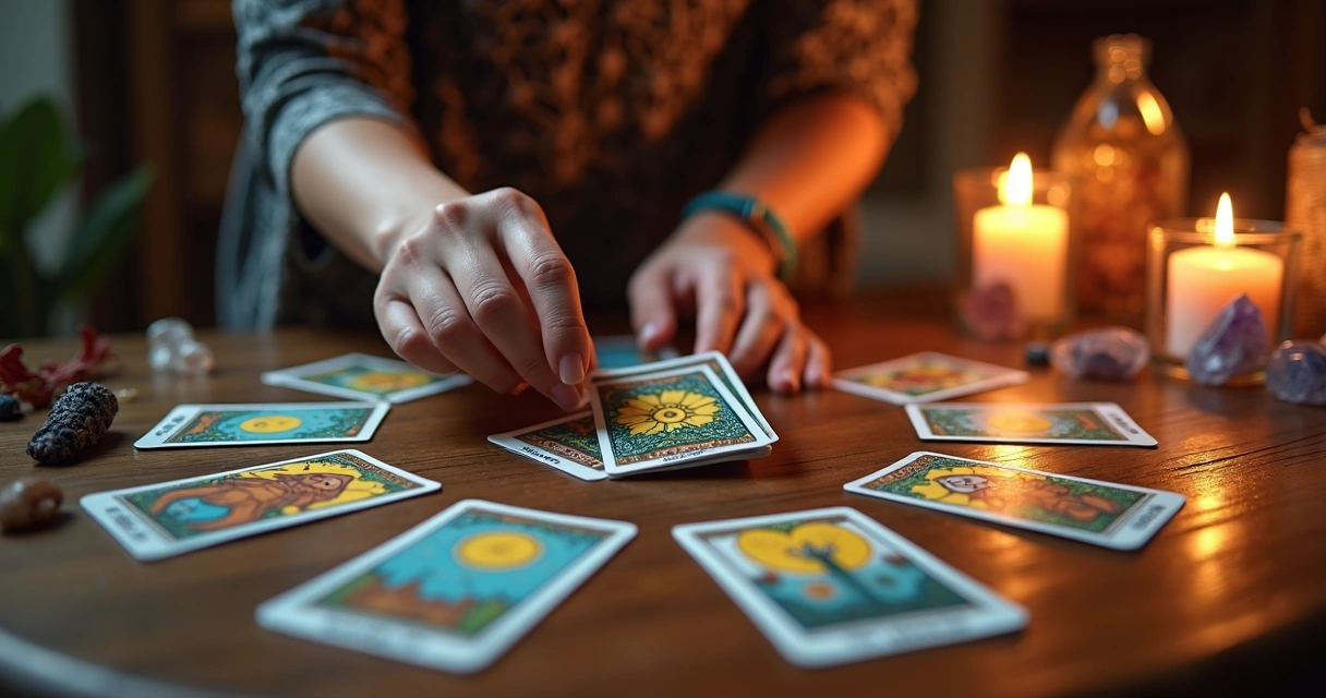 Cartas de tarot dispostas em círculo sobre uma mesa de madeira, com luz suave iluminando o ambiente e uma mão feminina tocando uma carta central
