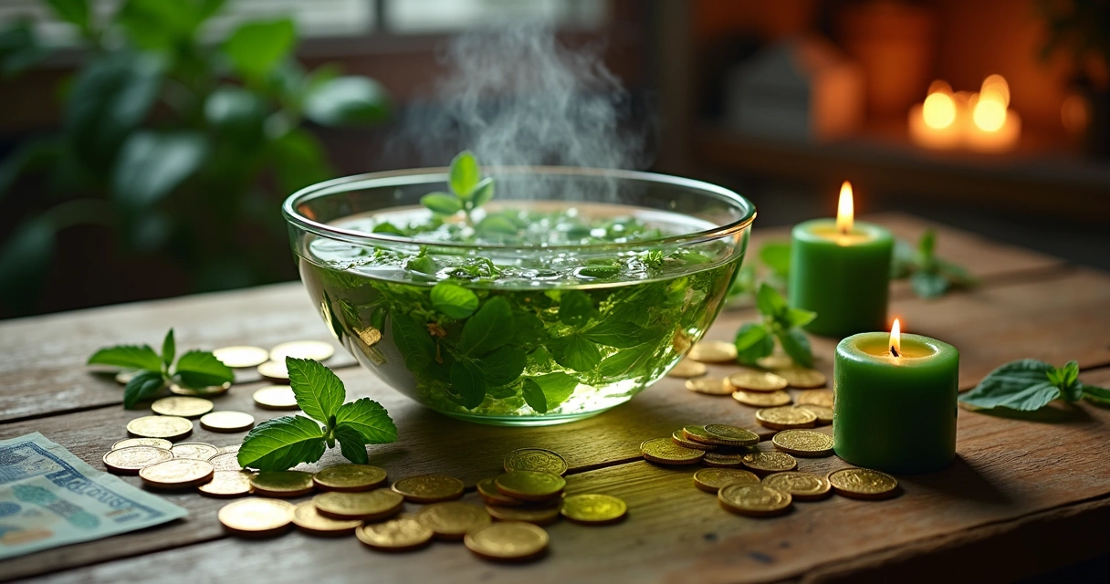 Banho de ervas para prosperidade com vela verde e moedas douradas