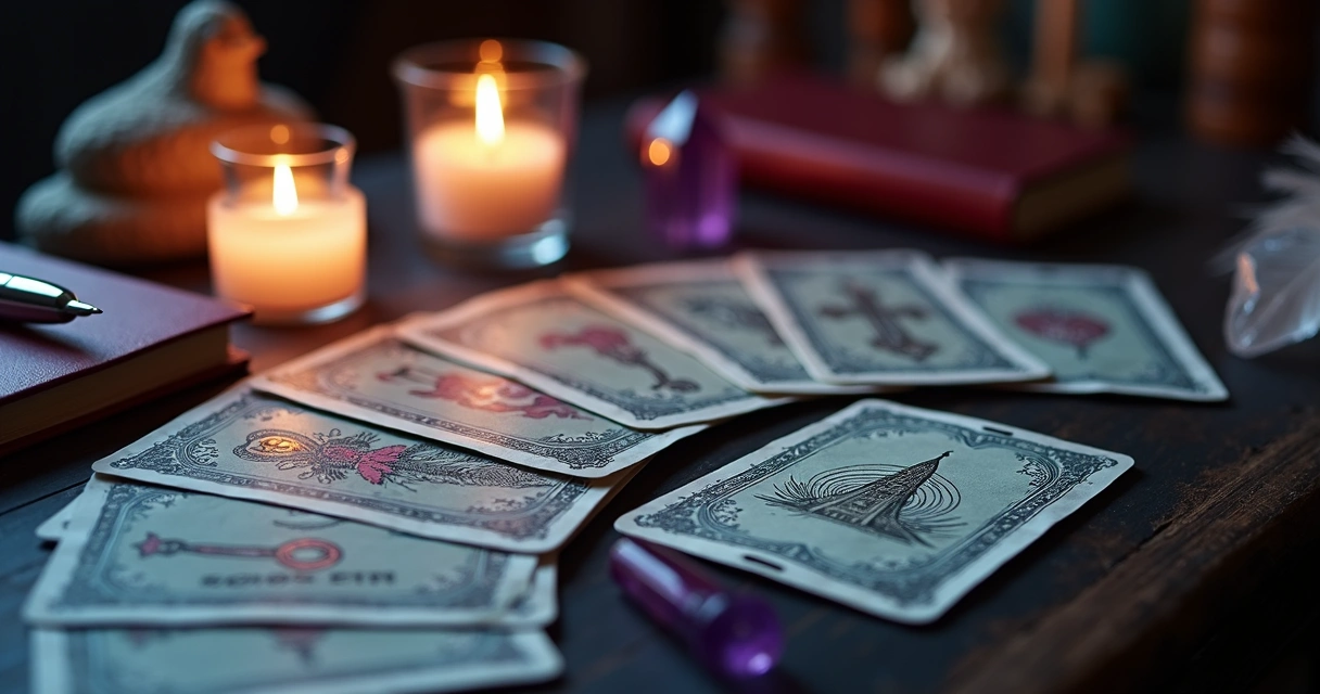 Mesa esotérica com cartas do baralho cigano, algumas na posição invertida