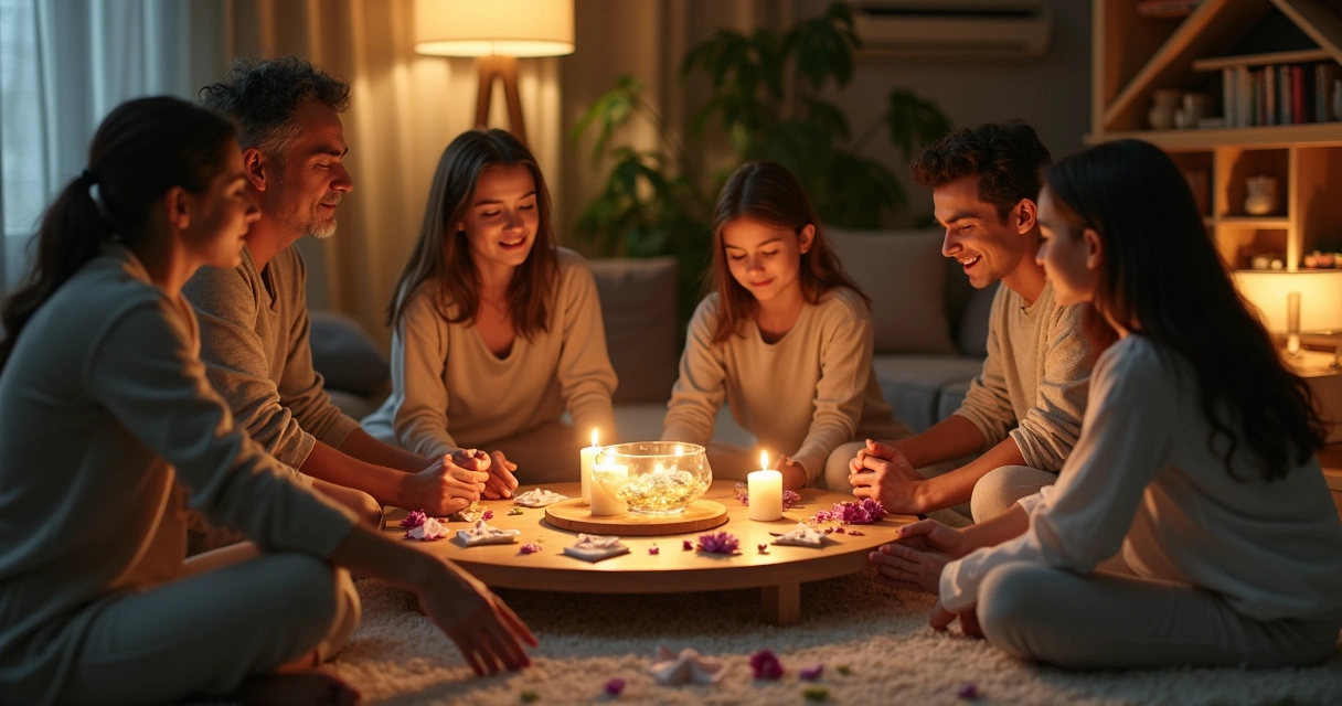Família reunida em círculo fazendo simpatia com velas acesas