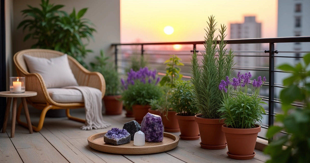 Varanda com jardim de proteção energética com cristais e plantas verdes