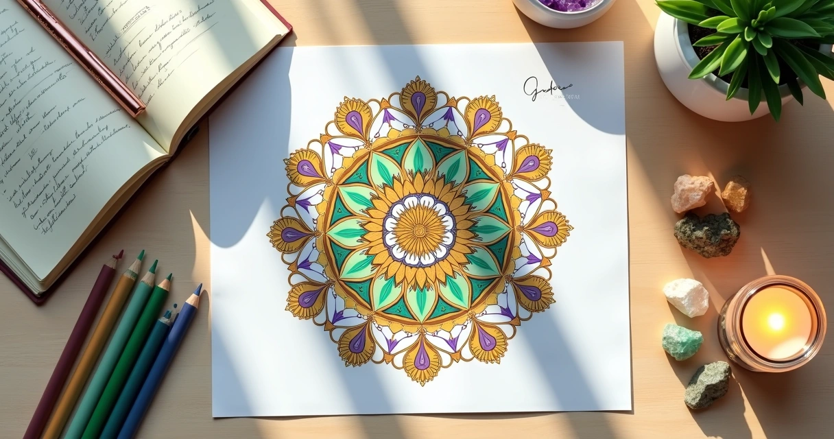 Mapa de prosperidade com mandala colorida ao centro sobre mesa de madeira clara