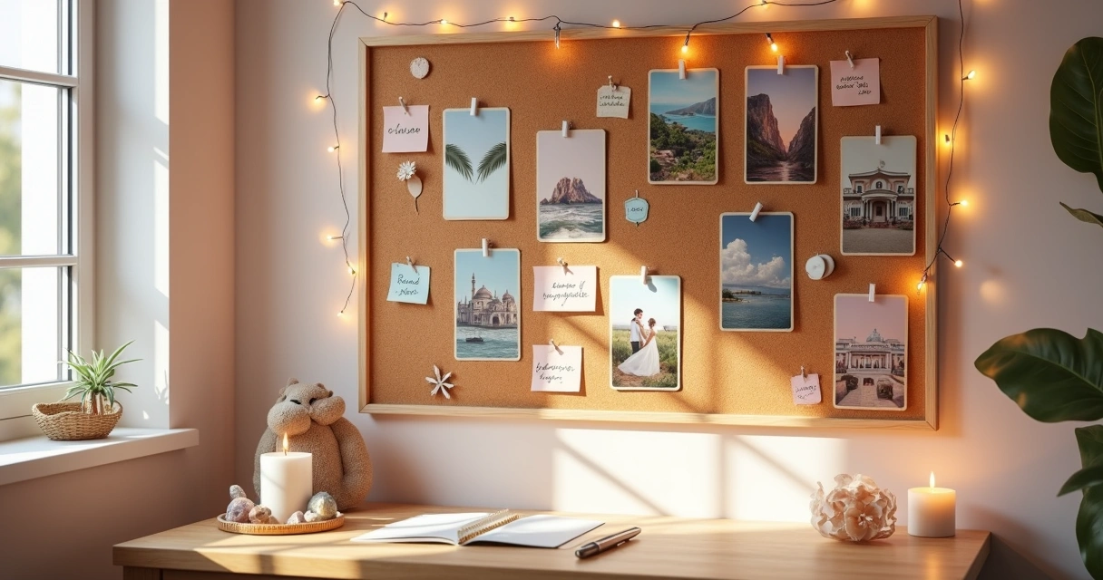 Mural de sonhos com cartas de tarô e fotos em parede clara