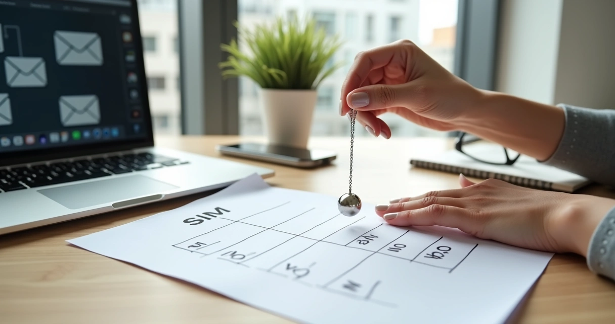 Pessoa usando pêndulo sobre planilha de decisões de carreira em mesa de escritório