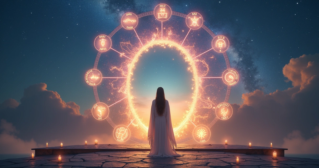 Mulher observando portal energético luminoso com calendário de 2026 ao fundo