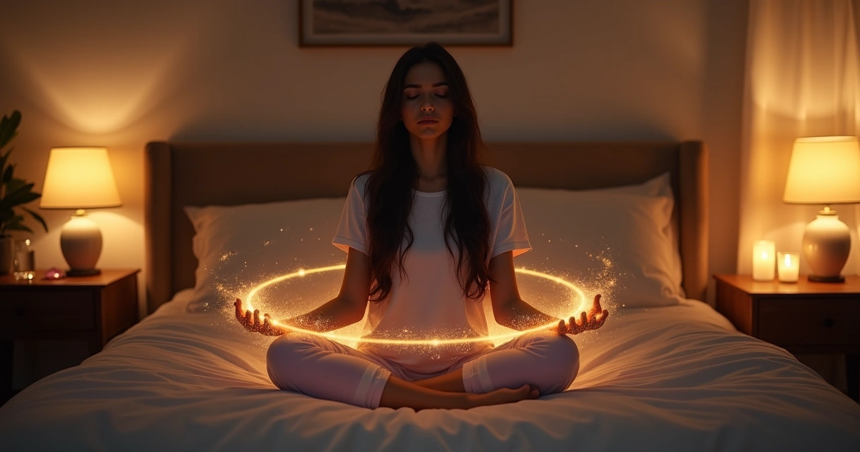 Mulher em casa criando proteção energética com luz ao redor do corpo