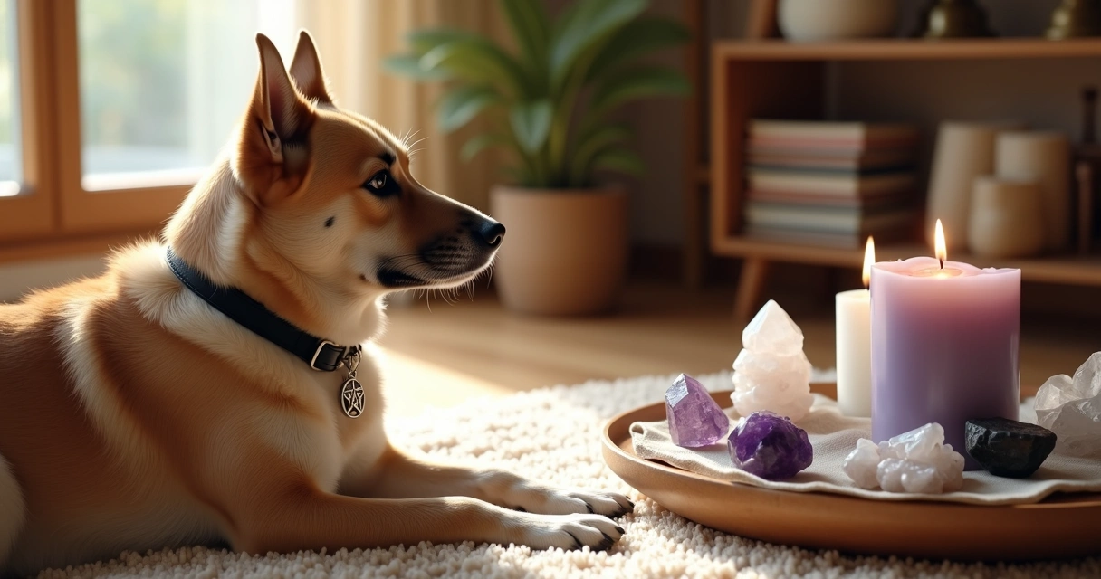 Cachorro com pingente esotérico descansando ao lado de velas e cristais de proteção