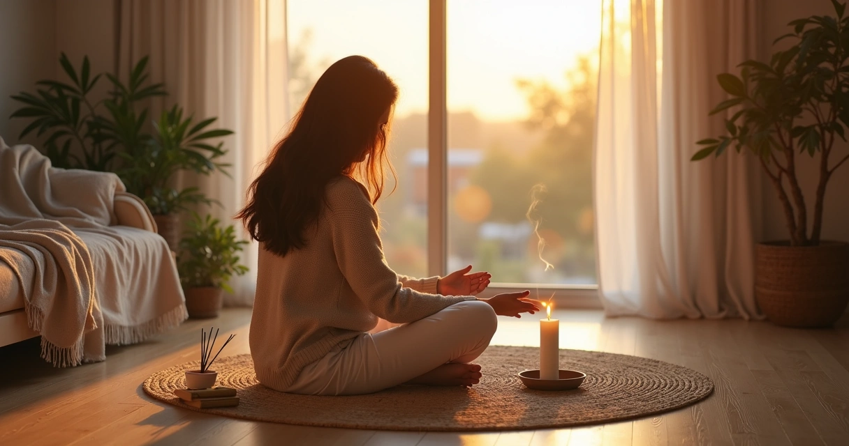 Mulher em ritual de desapego acendendo vela com incenso ao lado