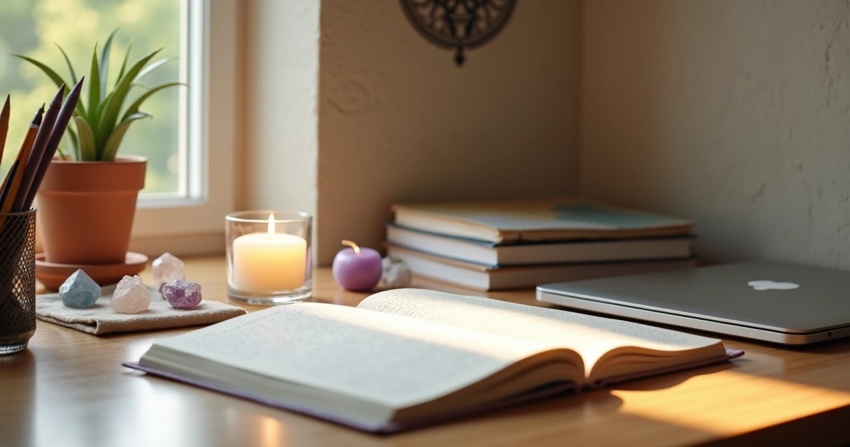 Mesa de estudo organizada com velas acesas, cristais e materiais escolares alinhados