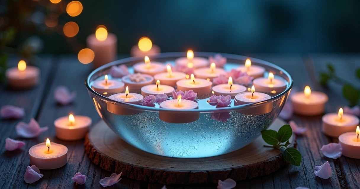 Velas flutuantes acesas sobre água em ritual noturno de renovação