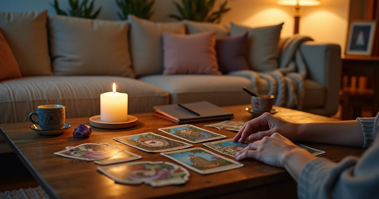 Leitura de cartas de tarot em sala de estar para identificar conflitos no lar