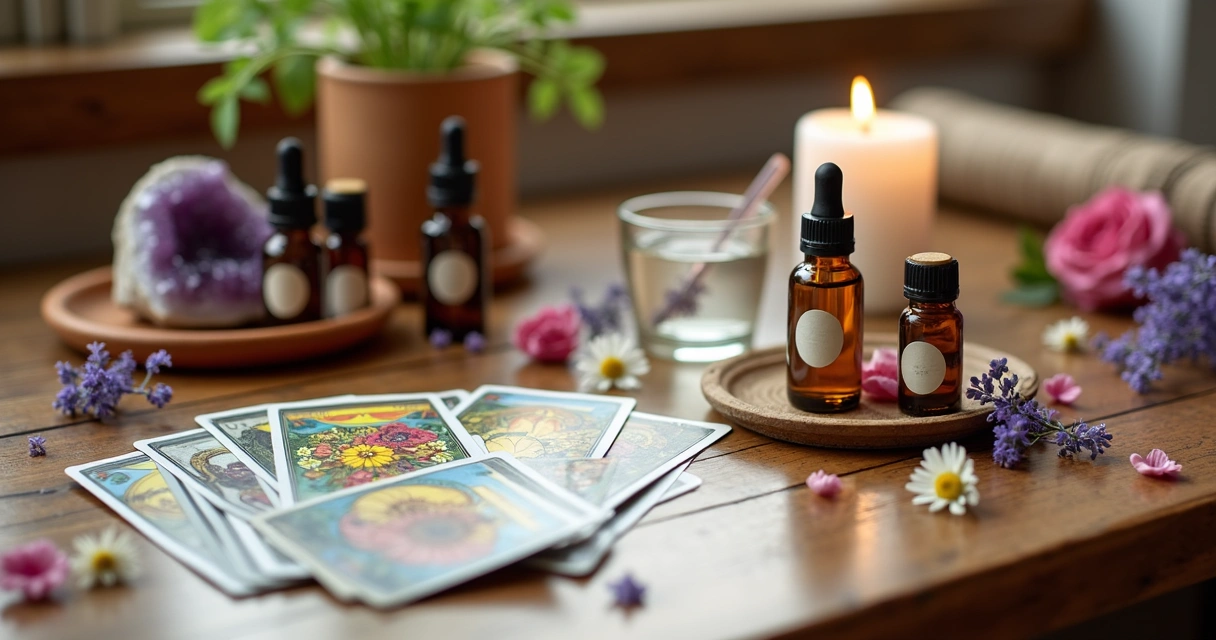 Mesa com cartas de tarô, frascos de florais e flores em ambiente calmo e acolhedor