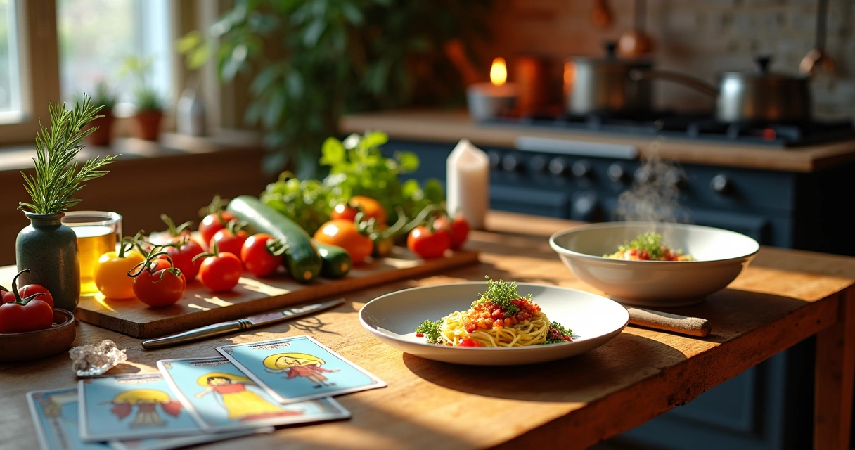 Mesa de cozinha com cartas de tarot ao lado de ingredientes frescos e panelas