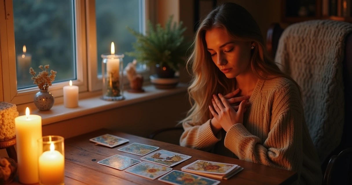 Mulher segurando cartas de tarot diante de vela acesa em ambiente acolhedor