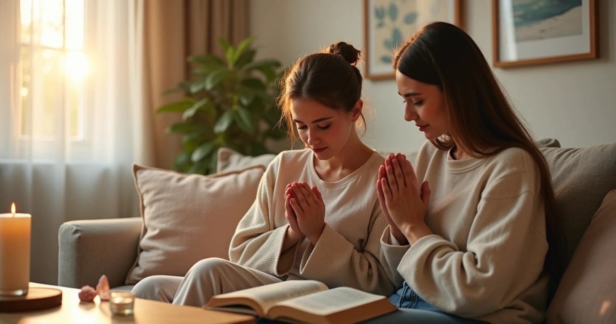 Amigas de mãos dadas em oração ao pôr do sol