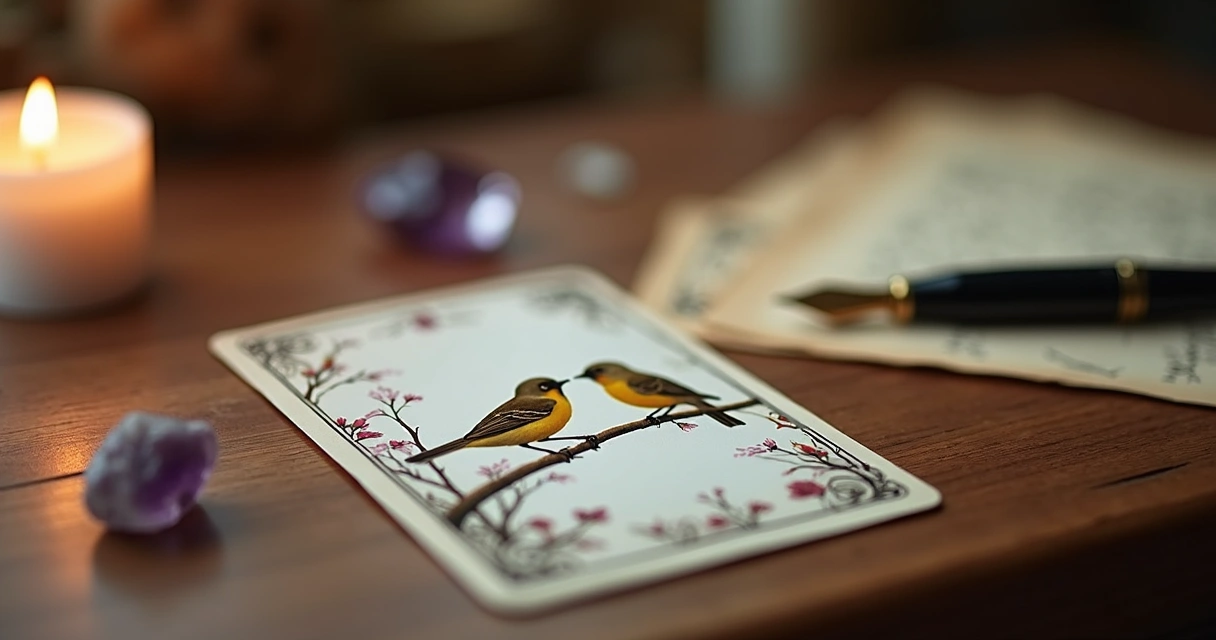 Carta Os Pássaros do baralho cigano sobre a mesa com símbolos de comunicação
