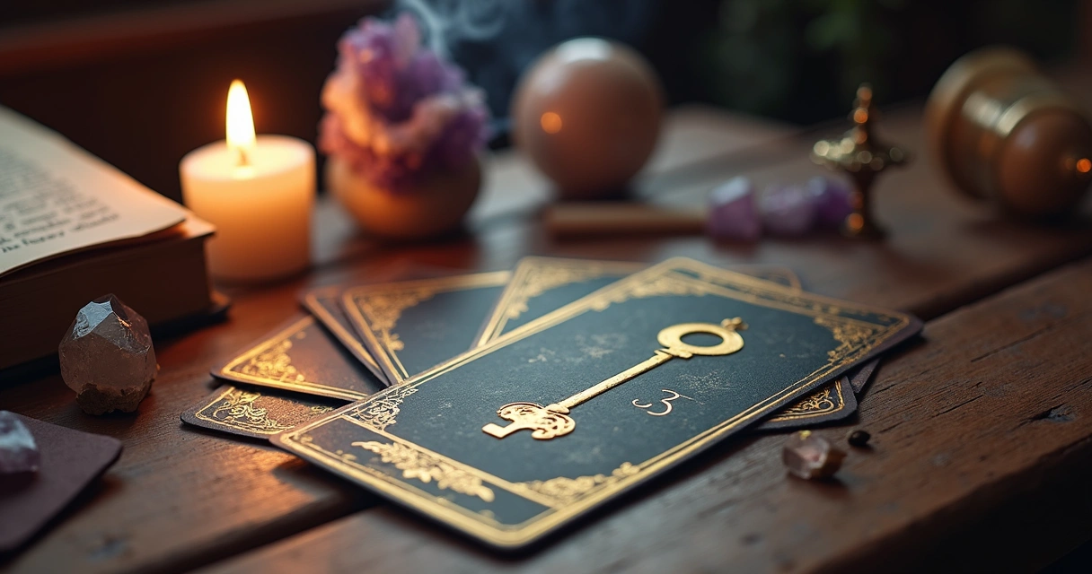 Carta 33 A Chave do Baralho Cigano sobre mesa com outros símbolos esotéricos