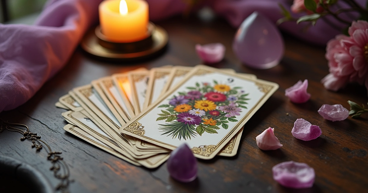 Carta 9 Buquê do Baralho Cigano sobre mesa com outras cartas ao redor