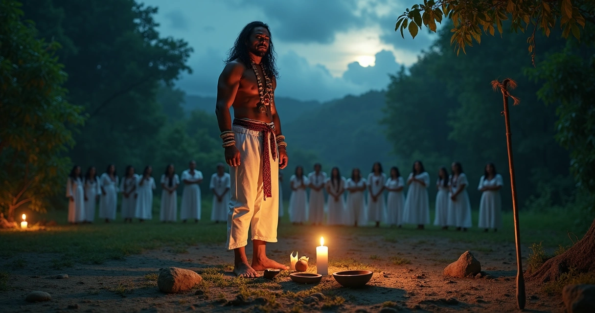 Caboclo Cobra Coral em ritual de Umbanda com cobra coral simbólica e elementos da natureza