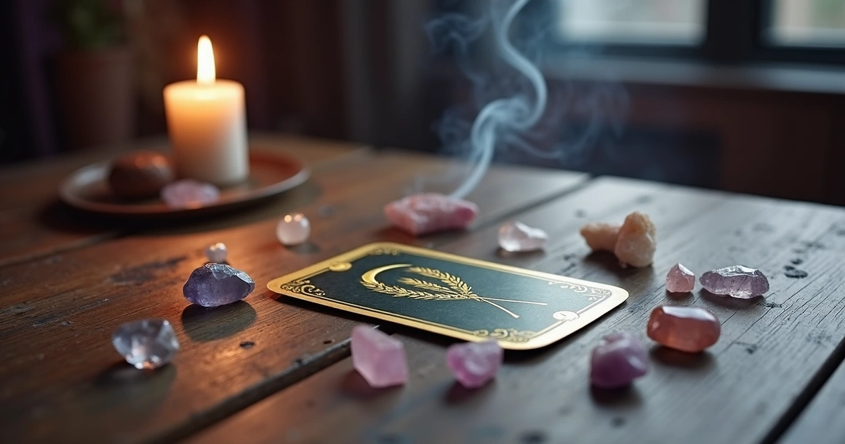 Carta A Foice do Baralho Cigano sobre mesa com cristais e elementos místicos