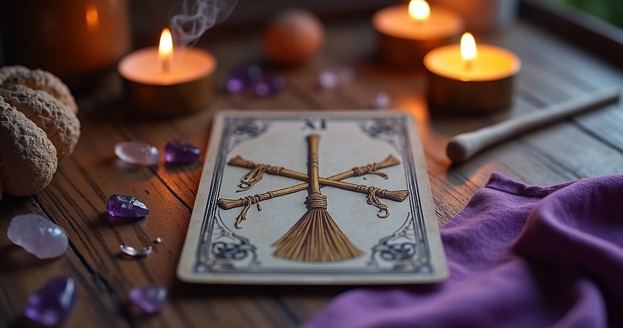 Carta 11 do Baralho Cigano com o Chicote sobre mesa mística com velas e cristais