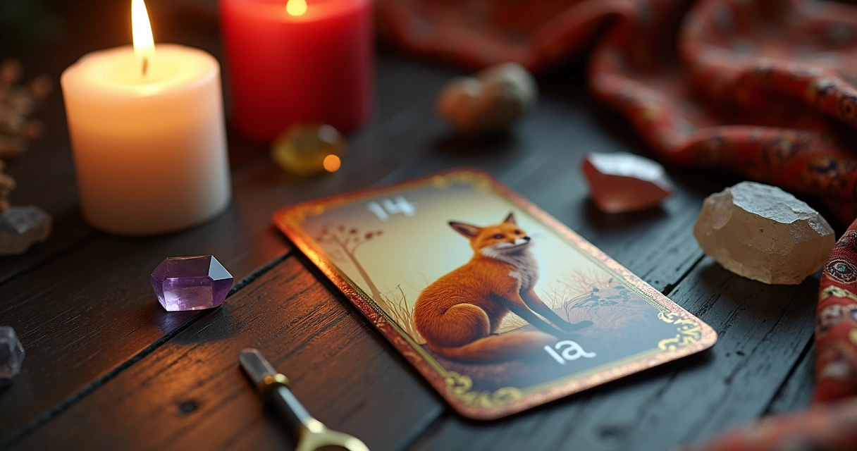 Carta da Raposa do Baralho Cigano sobre mesa com cristais e velas acesas