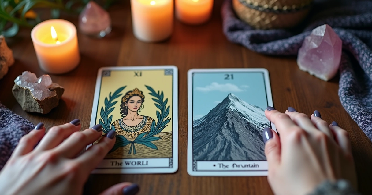 Carta 21 do Tarot O Mundo e carta 21 A Montanha do Baralho Cigano sobre mesa mística com mãos femininas