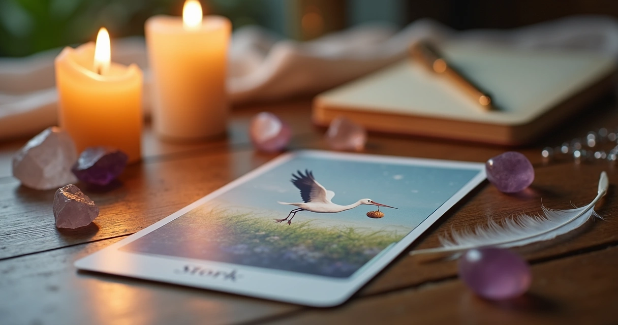 Carta da Cegonha do Baralho Cigano sobre mesa com cristais e velas