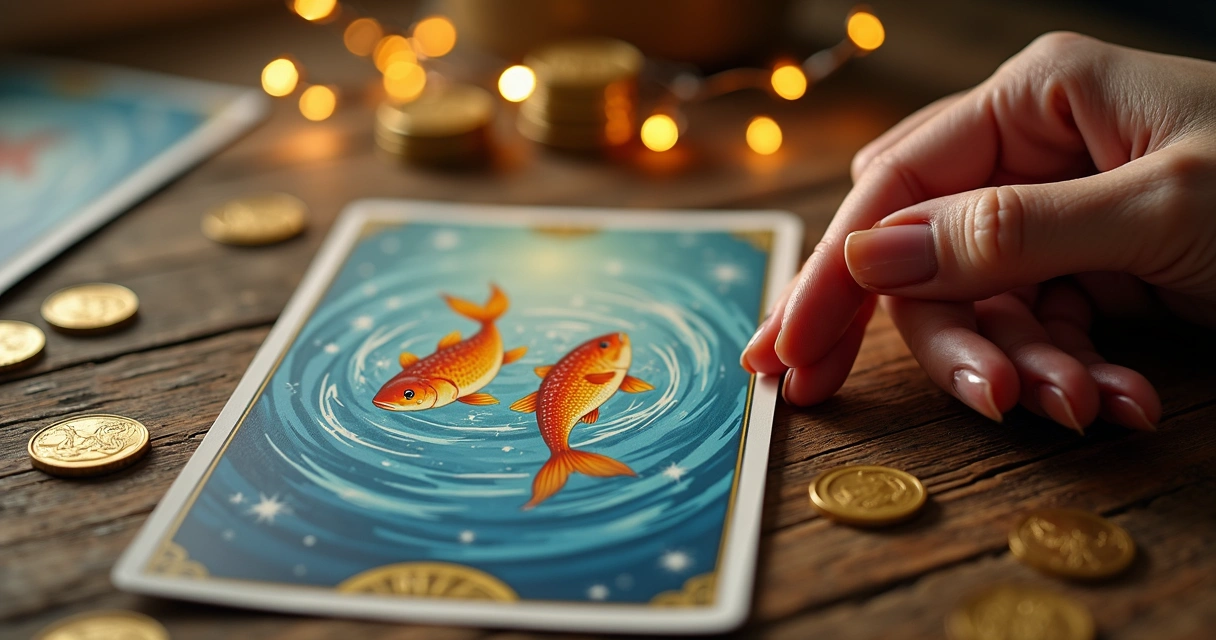 Carta dos Peixes do baralho cigano sobre mesa com moedas e luz dourada