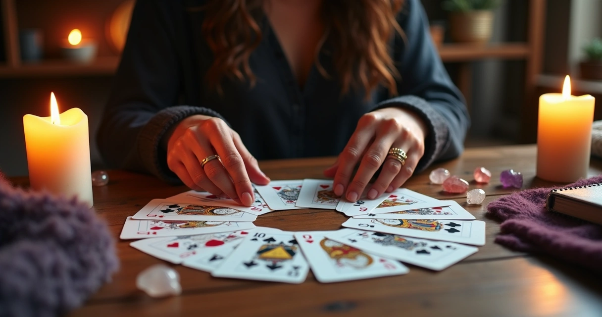 Baralho comum disposto em mesa com velas e cristais iluminados