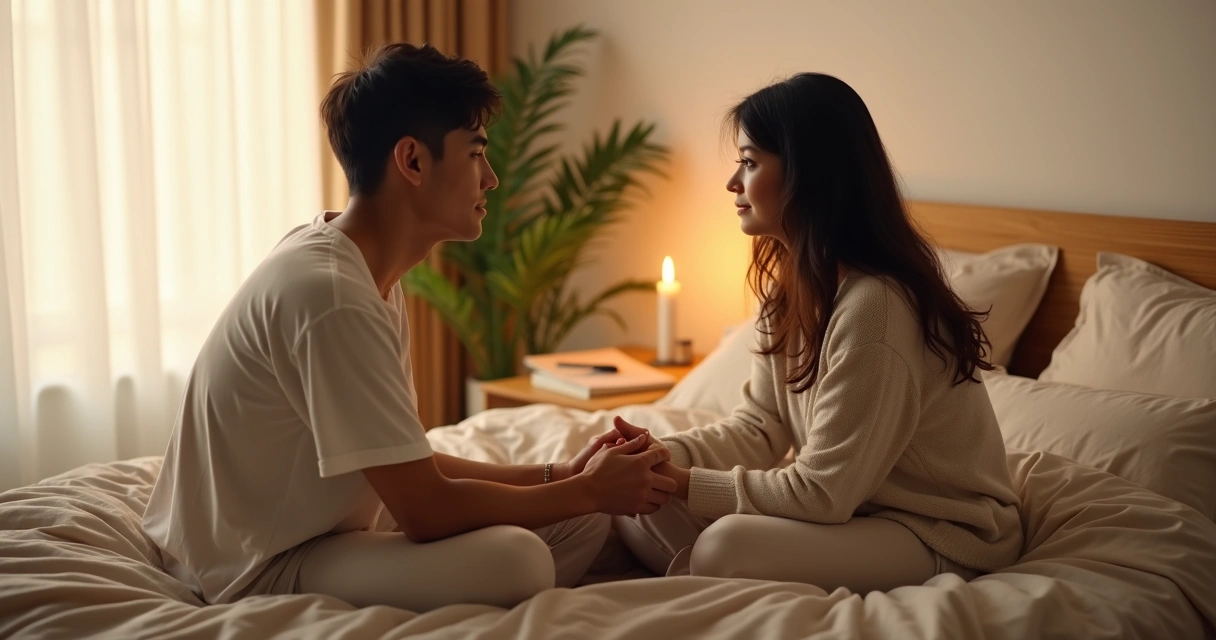 Casal em abraço íntimo sentado na cama olhando um para o outro com expressão de reflexão amorosa