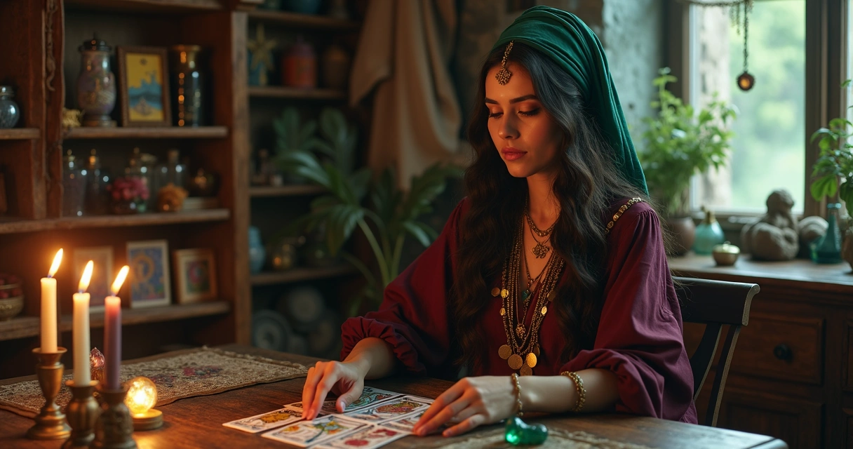 Cigana com lenço verde lendo baralho cigano em mesa iluminada por velas