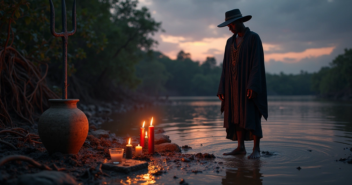 Exu do Lodo em tronqueira de mangue com velas e charco ao entardecer